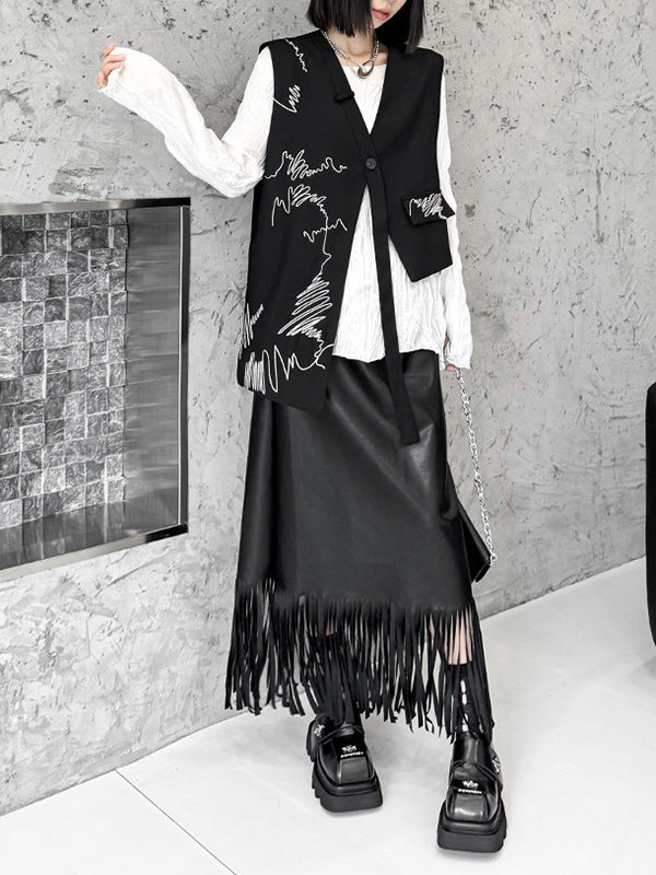 Asymmetric Buttoned Embroidered Sleeveless V-Neck Vest Top