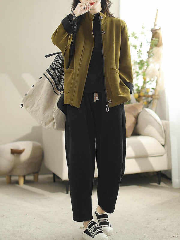 Buttoned Keep Warm Pockets Split-Joint Velvet Zipper Long Sleeves Loose Stand Collar Outerwear