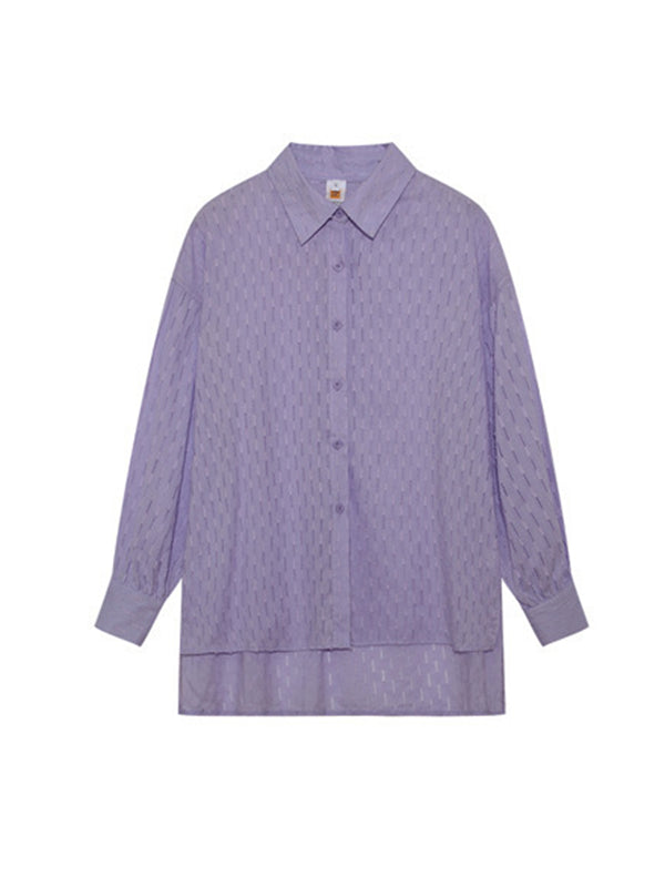 Buttoned Jacquard High-Low Long Sleeves Solid Color Lapel Shirts Top +Shorts Bottom Two Pieces Set