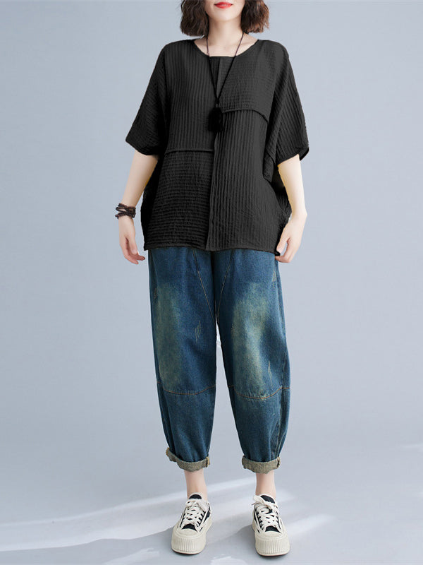 Solid Color Split-Joint Batwing Sleeves Loose Round-neck T-Shirts Tops