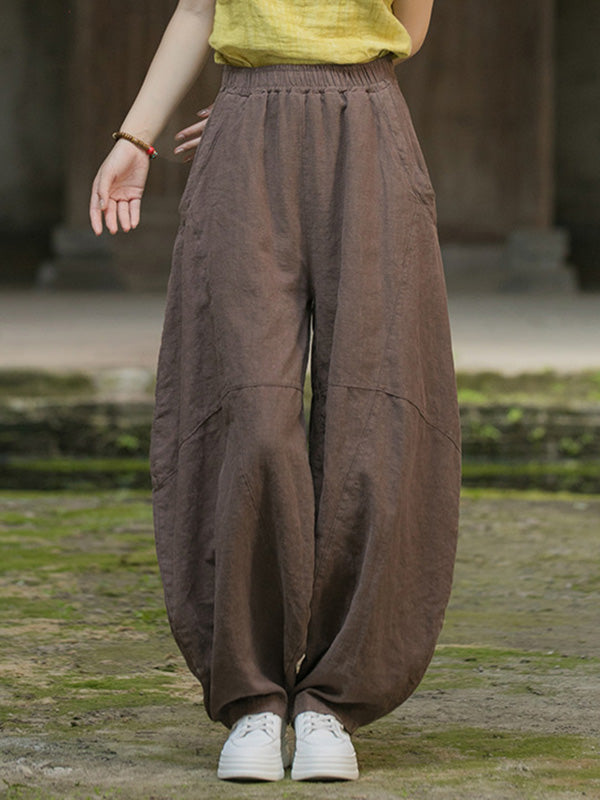Elasticity Pockets Solid Color Split-Joint Loose Pants Cropped Trousers