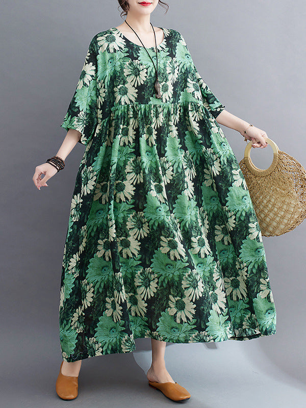 Floral Printed Pleated Split-Joint Loose Raglan Sleeve Round-Neck Midi Dresses