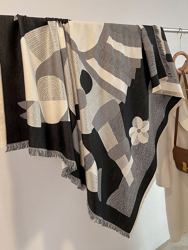 Contrast Color Fringed Keep Warm Printed Striped Shawl&Scarf