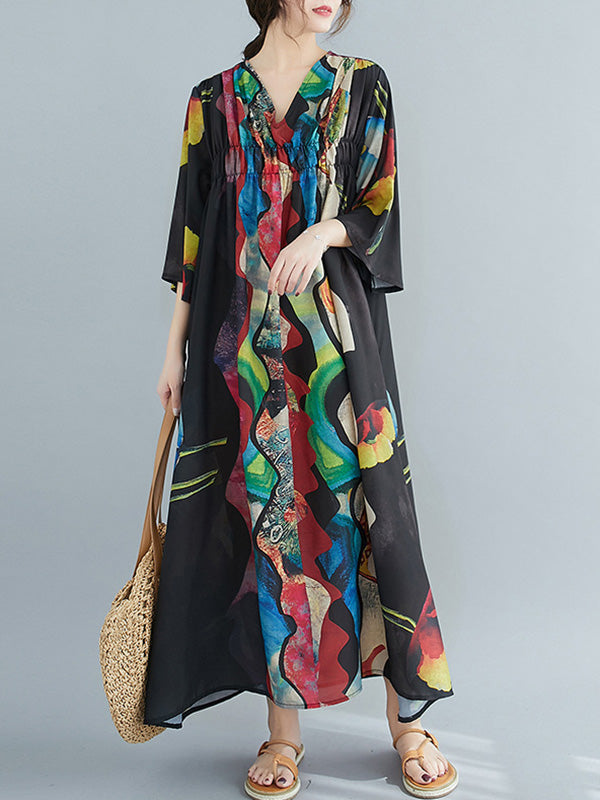 Loose Abstract Printed V-Neck Dress