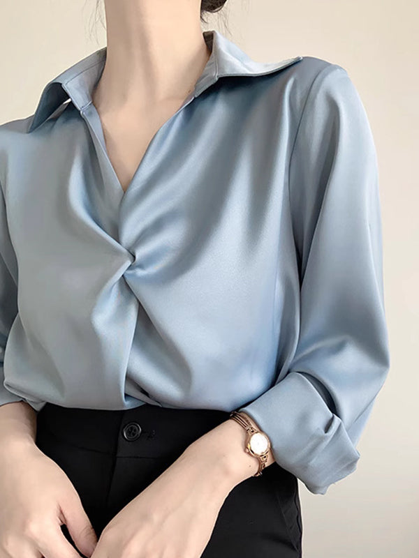 Knot Solid Color Long Sleeves Loose Lapel Blouses&Shirts Tops