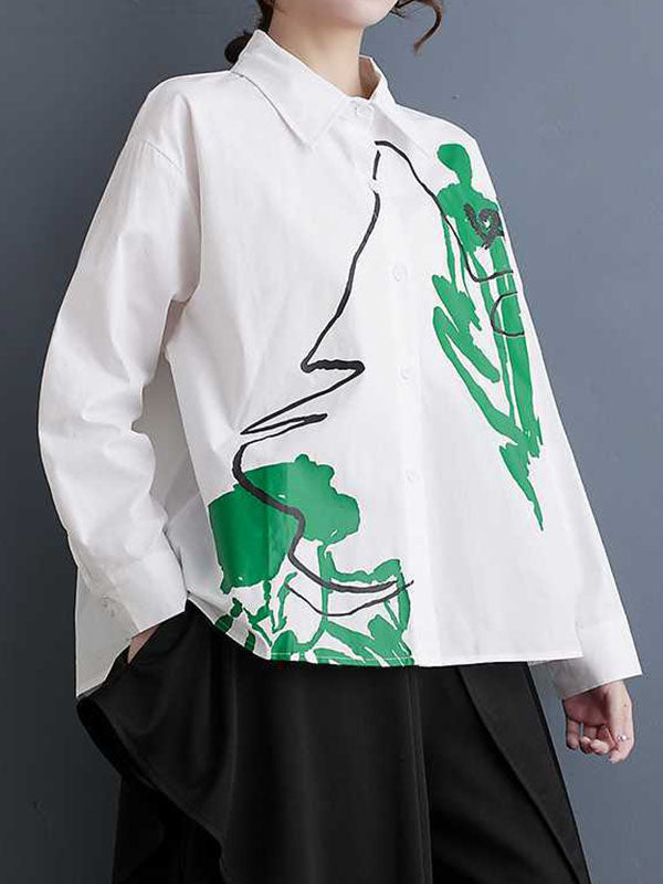 Buttoned Printed High-Low Long Sleeves Lapel Blouses&Shirts Tops