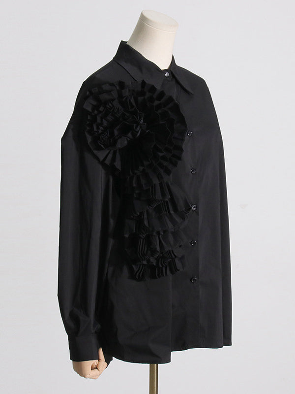 Asymmetric Buttoned Pleated Solid Color Split-Joint Three-Dimensional Flower Long Sleeves Loose Lapel Blouses&Shirts Tops