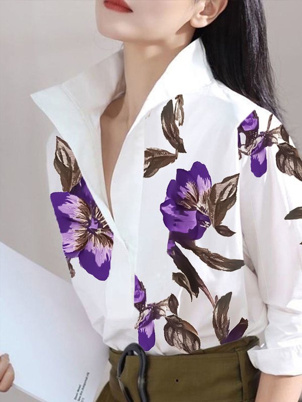 Flower Print Long Sleeves Loose Stand Collar Blouses&Shirts Tops