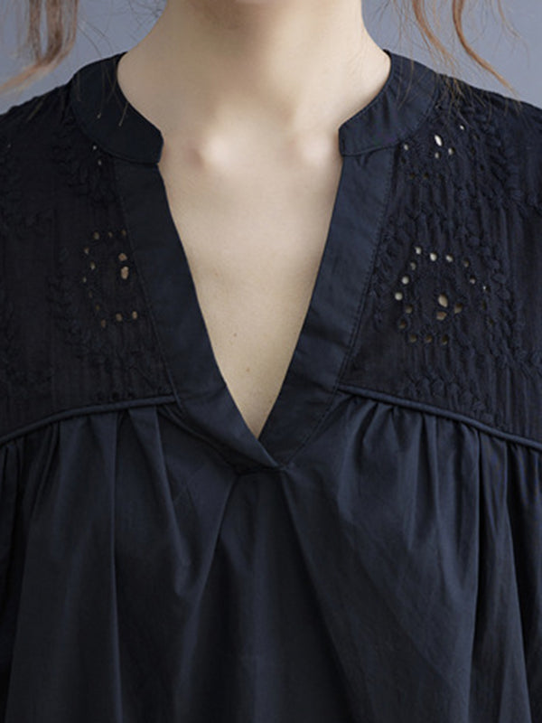 Hollow Pleated Solid Color Split-Joint Half Sleeves Loose V-Neck T-Shirts