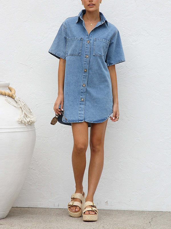 Split-Joint Loose Short Sleeves Lapel Shirt Dress Mini Dresses
