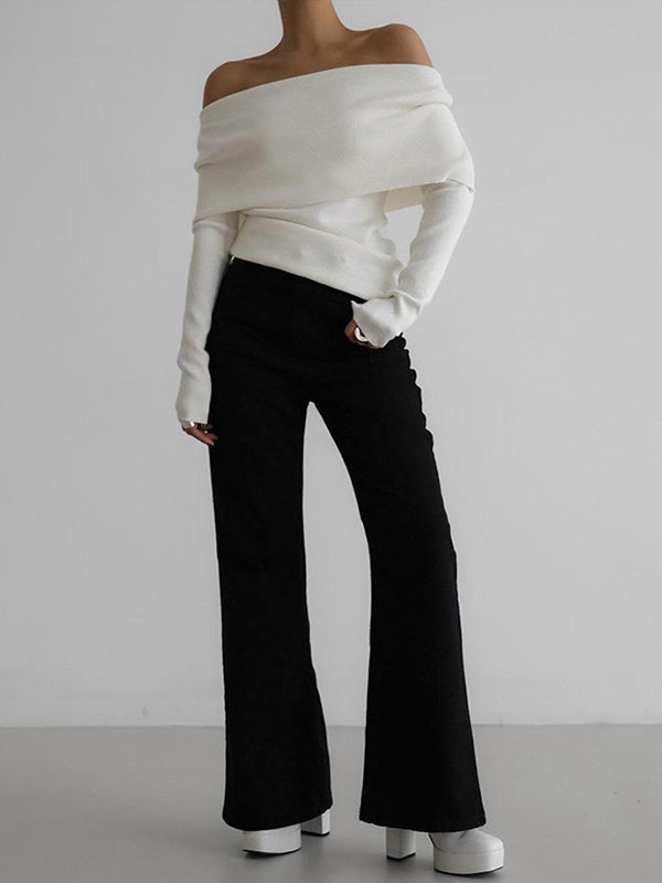 Solid Color Long Sleeves Loose Off-The-Shoulder Sweater Tops Pullovers