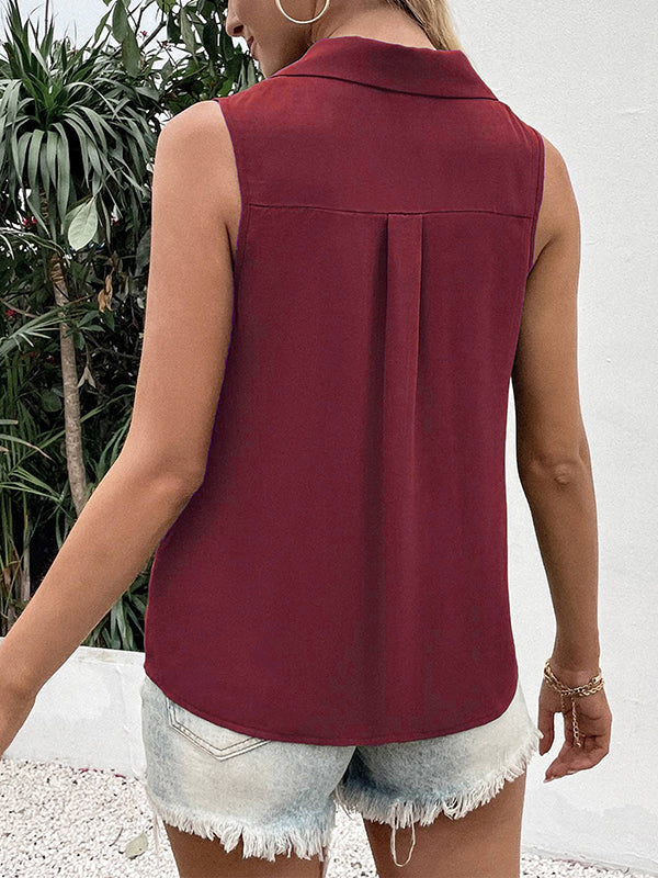 Buttoned Solid Color Split-Joint Loose Sleeveless V-neck Vest Top