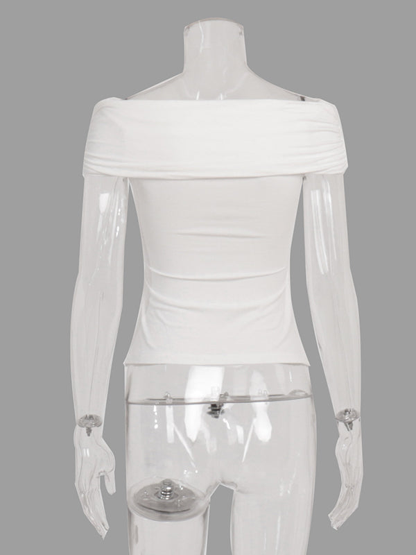 Knot Pleated Solid Color Short Sleeves Skinny Boat Neck T-Shirts Tops