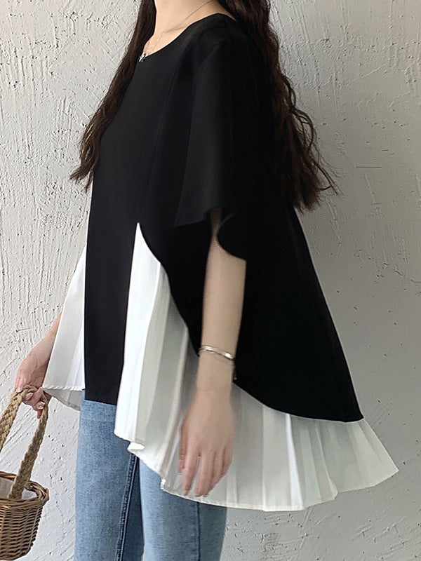 Split-Joint Half Sleeves Irregularity Round-Neck T-Shirts Tops