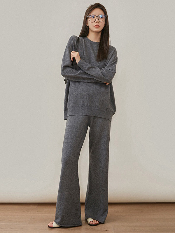 Urban Loose Solid Round-Neck Vest Top& V-Neck Sweater Tops& Wide Leg Pants Three-Piece Set