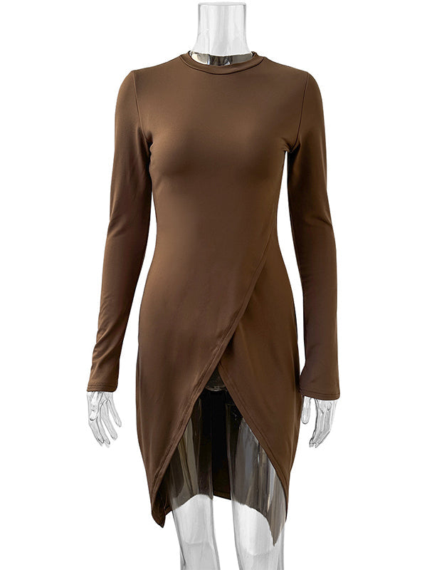 Solid Color Bodycon High-Low Round-Neck T-Shirts Tops