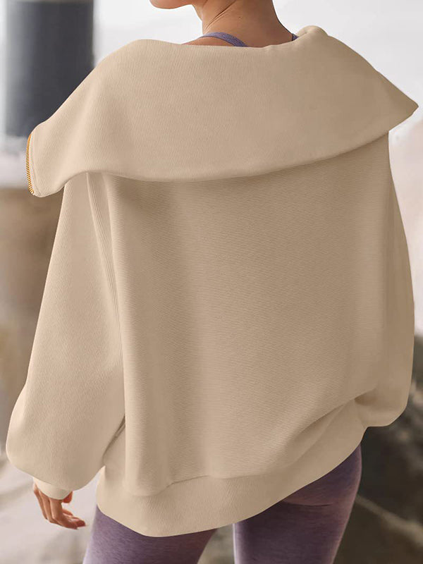 Solid Color Zipper Long Sleeves Loose Lapel Sweatshirt Tops