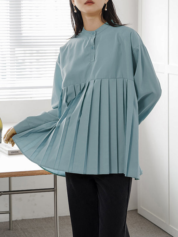 Buttoned Pleated Solid Color Long Sleeves Loose Round-Neck Blouses&Shirts Tops