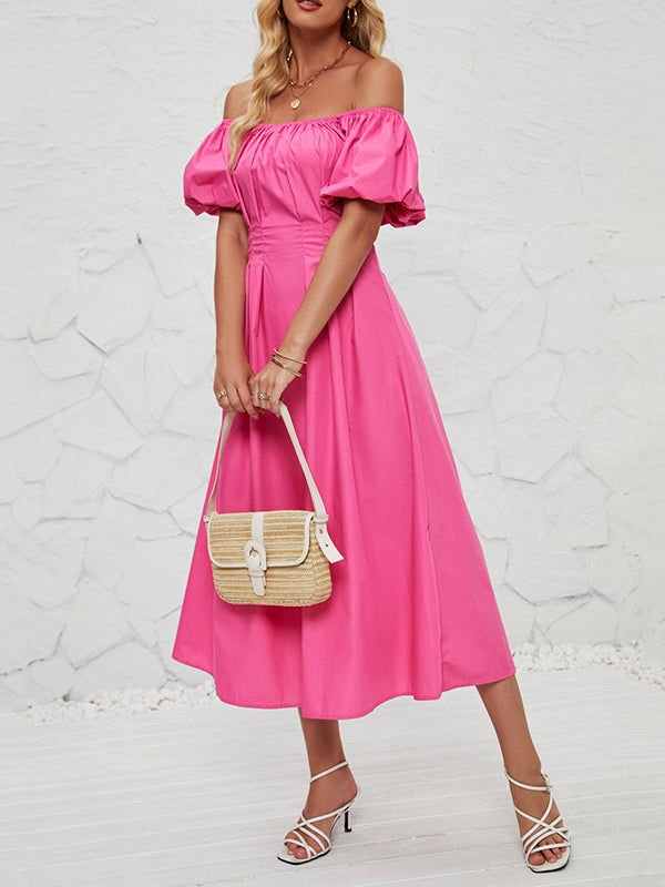 Elasticity Pleated Solid Color Split-Joint Loose Puff Sleeves Off-The-Shoulder Midi Dresses
