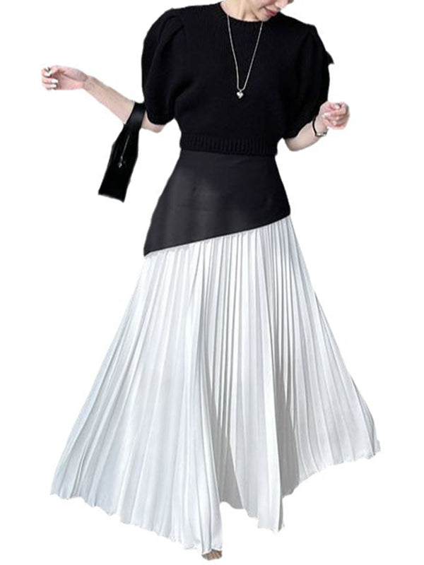 Contrast Color Pleated Split-Joint A-Line Loose Skirts Bottoms