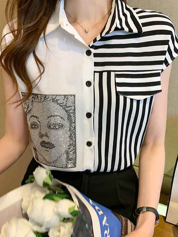 Asymmetric Figure Printed Cap Sleeve Loose Lapel Blouses&Shirts Tops