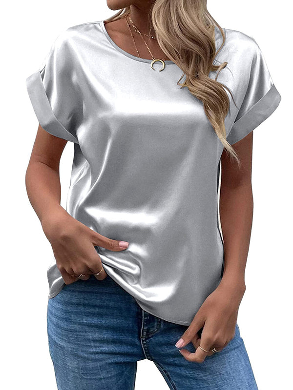 Solid Color Loose Short Sleeves Round-Neck T-Shirts Tops