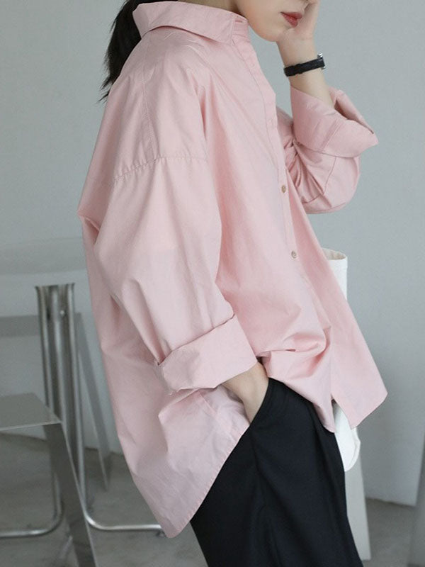 Buttoned Solid Color Long Sleeves Loose Lapel Blouses&Shirts Tops