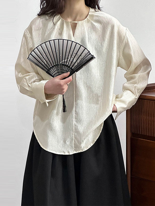 Hollow Shiny Solid Color Long Sleeves Loose Round-Neck Blouses&Shirts Tops