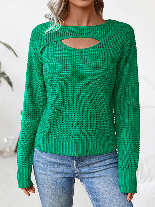 Hollow Solid Color Split-Joint Long Sleeves Loose Round-Neck Sweater Tops Pullovers