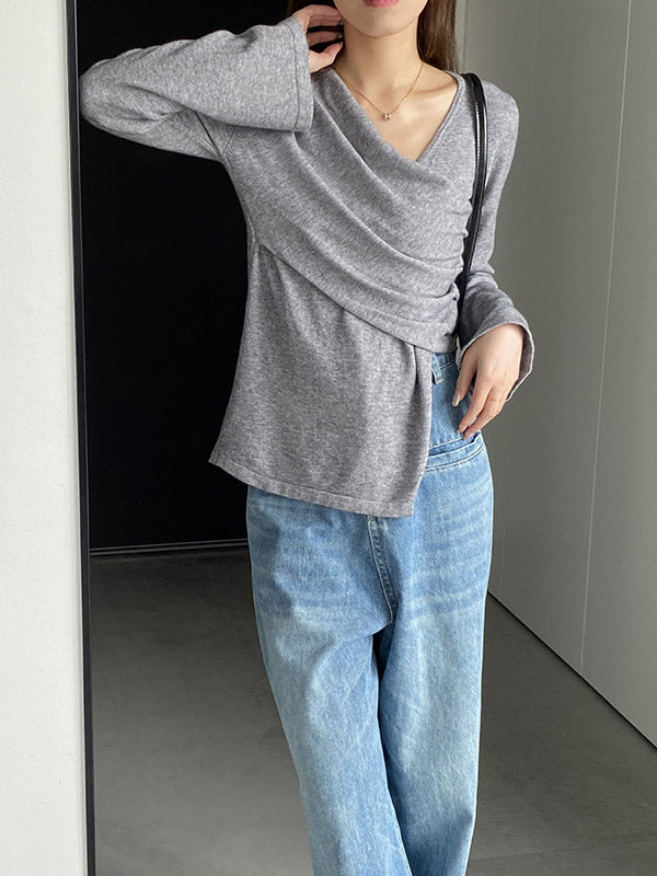 Asymmetric Solid Color Long Sleeves Loose V-Neck T-Shirts Tops