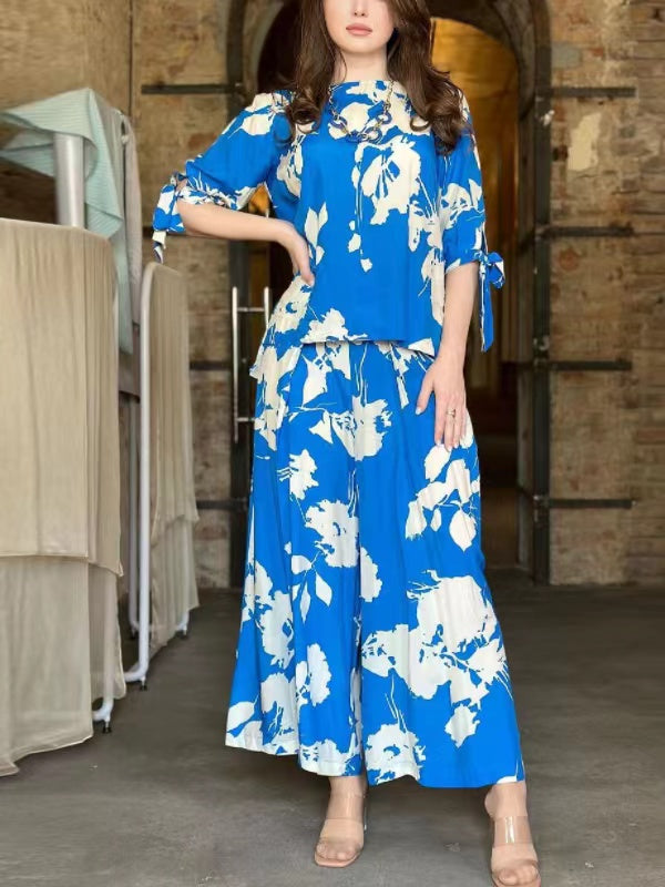 Flower Print Round-Neck T-Shirt&Wide Leg Pants Bottom Two Pieces Set