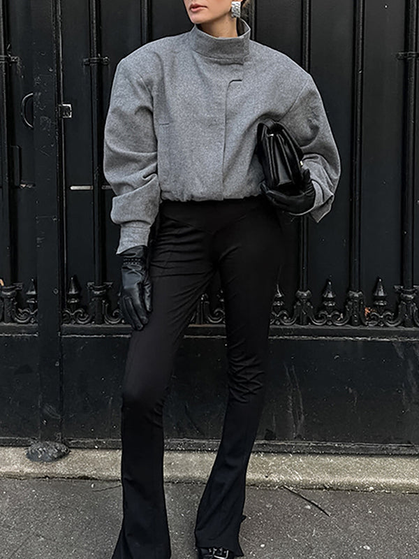 Elasticity Solid Color Long Sleeves Loose Stand Collar Woolen Coat