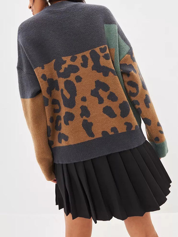 Contrast Color Leopard Split-Joint Long Sleeves Loose Round-Neck Sweater Tops Pullovers
