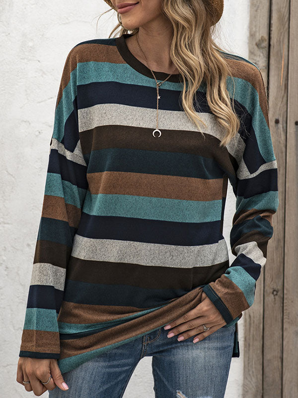 Split-side Striped Long Sleeves Loose Round-neck Sweatshirt Tops