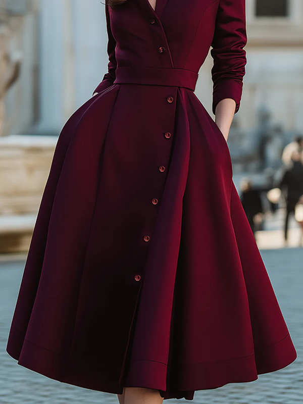 Buttoned Pockets Solid Color Split-Joint A-Line High Waisted Stand Collar Midi Dresses