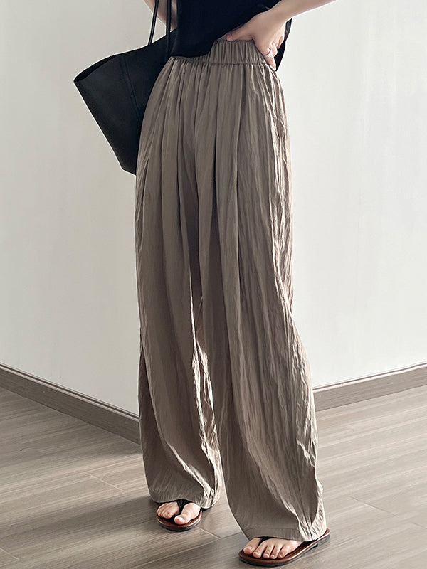 Elasticity Pleated Solid Color High Waisted Wide Leg Trousers Casual Pants Bottoms