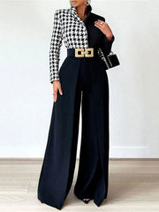 Houndstooth Split-Joint Long Sleeves Loose Lapel Blouses