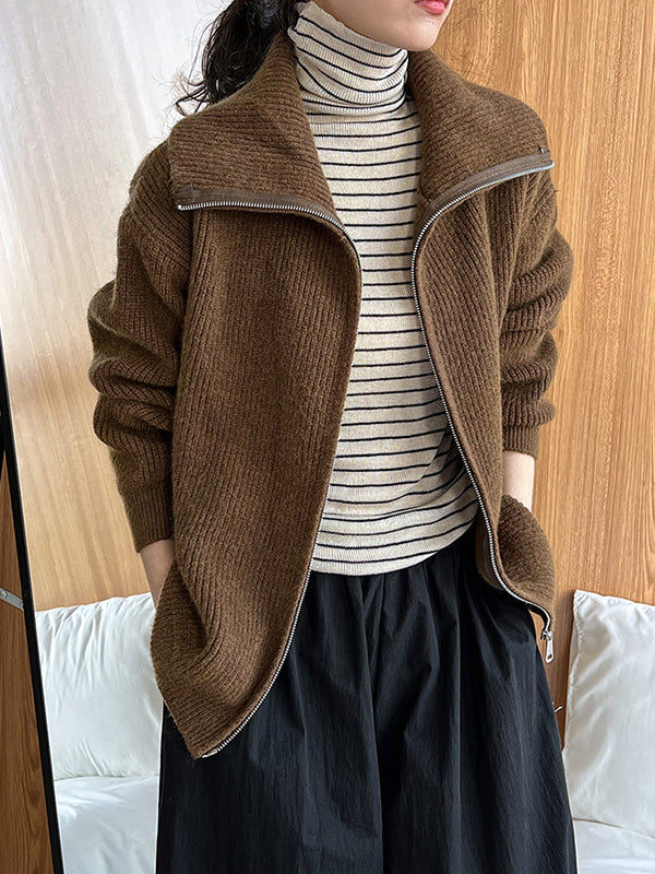 Solid Color Zipper Long Sleeves Loose Lapel Cardigan Tops