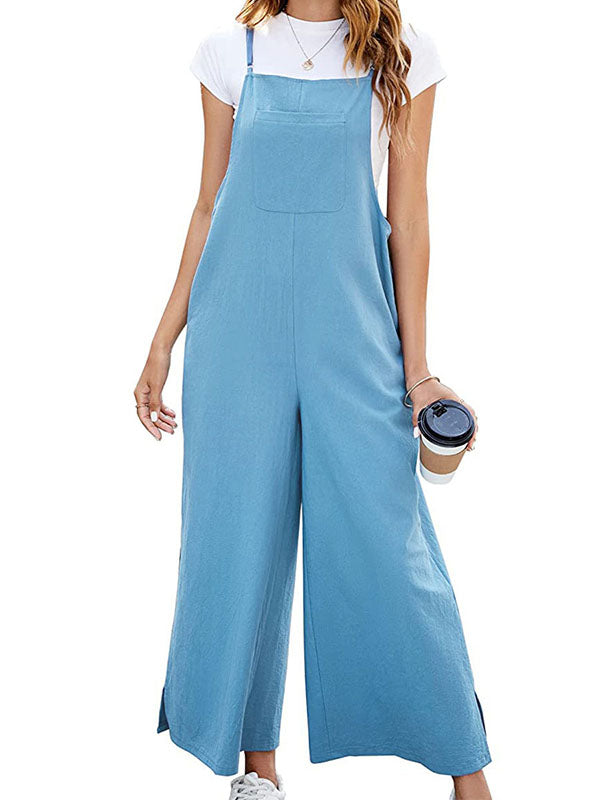 Pockets Solid Color Split-Side Loose Ninth Pants Spaghetti-Neck Overalls