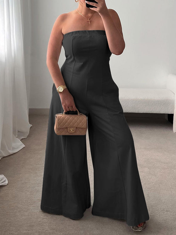 Pockets Solid Color Split-Joint High Waisted Sleeveless Tube Jumpsuits