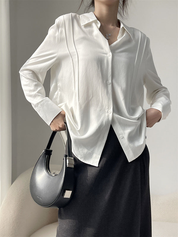 Pleated Split-Joint Long Sleeves Loose Lapel Blouses&Shirts Tops