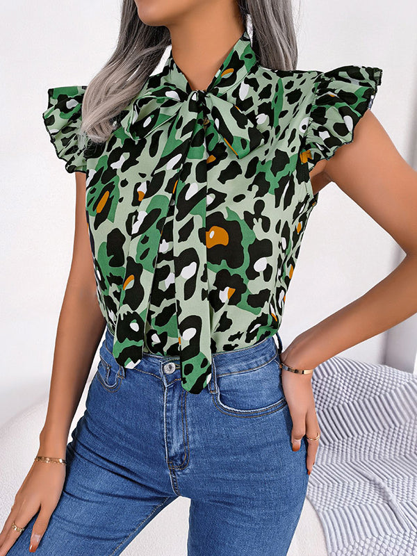 Leopard Cap Sleeve Loose Statement Collar Vest Top