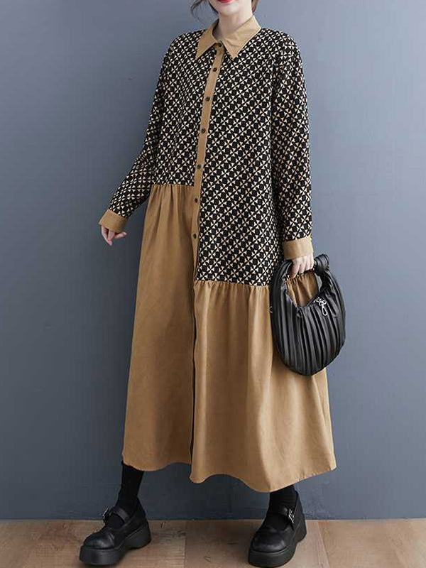 Asymmetric Buttoned Pleated Printed Split-Joint A-Line Long Sleeves Lapel Midi Dresses