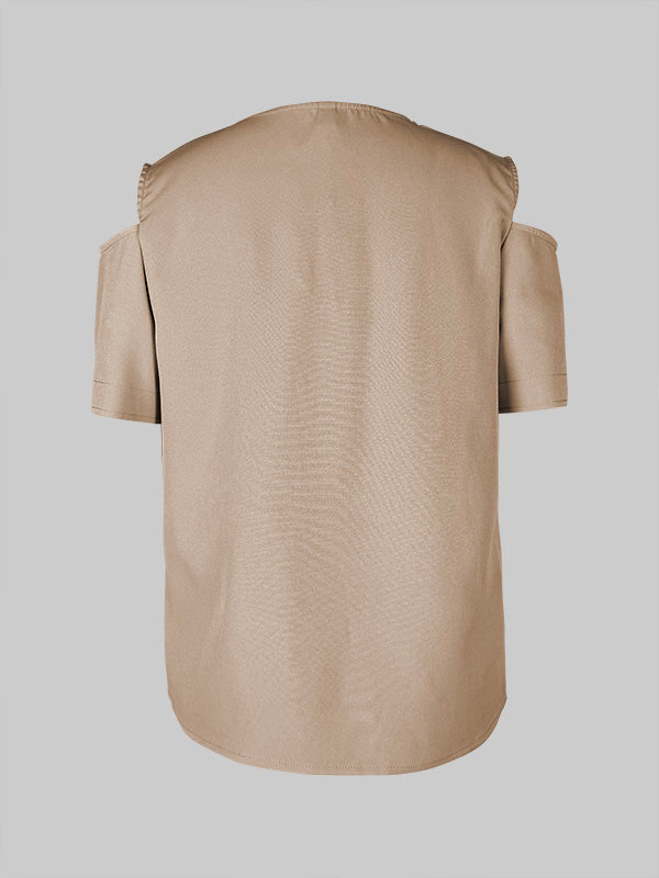Solid Color Split-Joint Loose Short Sleeves Cold shoulder Blouses&shirts Tops