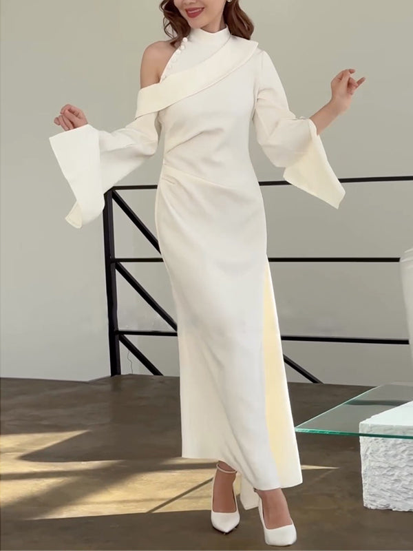 Flared Sleeves Asymmetric Buttoned Hollow Solid Color Zipper Cold Shoulder Evening Dresses Maxi Dresses