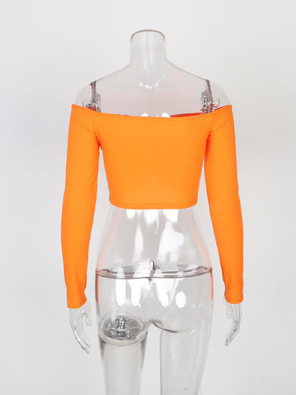 Solid Color Long Sleeves Skinny Off-The-Shoulder T-Shirts Tops