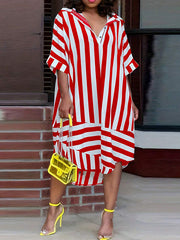 Split-Joint Striped Batwing Sleeves Loose Lapel Shirt Dress Midi Dresses