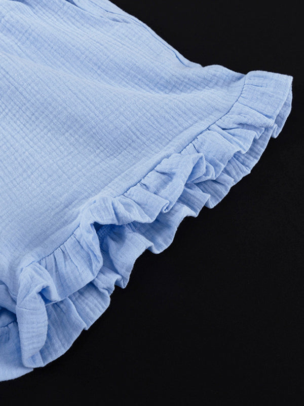 Split-Joint Lapel Long Sleeves Loose Buttoned Ruffle Trim Solid Color Blouses Tops + Elasticity Shorts Bottom Two Pieces Set
