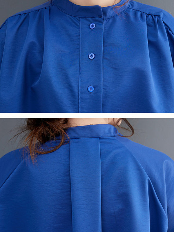 Loose Puff Sleeves Solid Color Stand Collar Midi Dresses