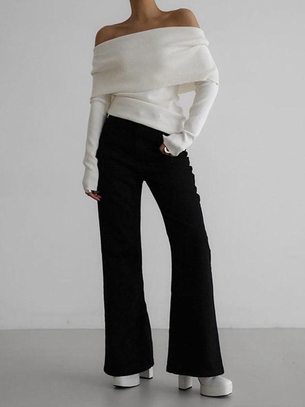 Solid Color Long Sleeves Loose Off-The-Shoulder Sweater Tops Pullovers